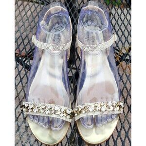 Ann Taylor Women's Sandals 6 White & Gray Leather Tasmin Flats Rhinestones